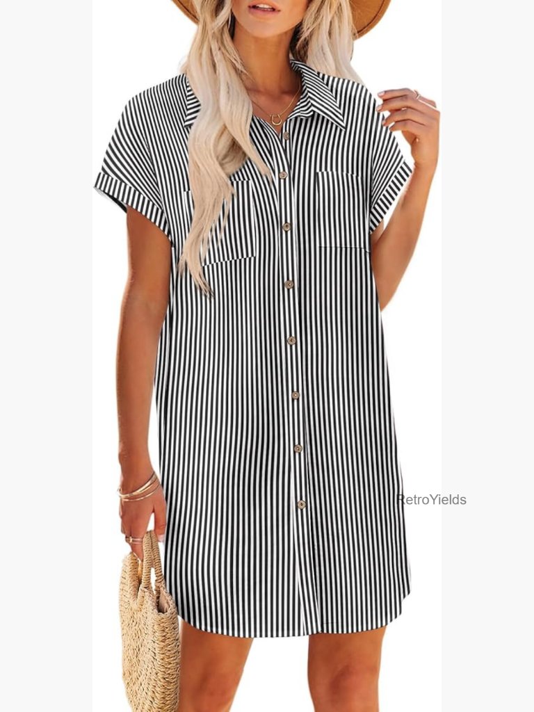 Women's Short Sleeve Button Down Mini Dress With Pockets